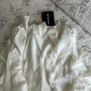 Cream bandeau asymmetric frill detail maxi dress.